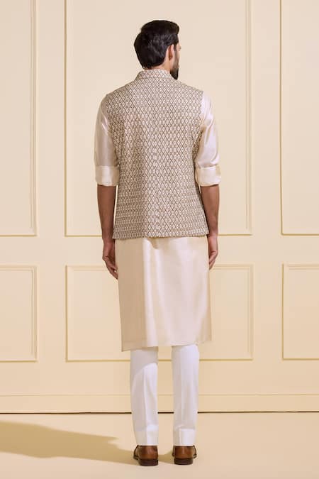 Shop Raghavendra Rathore Jodhpur Off White Silk Elegant Threaded Nehru Jacket at Aza Fashions Shop_Raghavendra Rathore Jodhpur_Off White Silk Elegant Threaded Nehru Jacket _at_Aza_Fashions