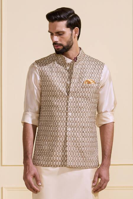 Shop Raghavendra Rathore Jodhpur Off White Silk Elegant Threaded Nehru Jacket Online at Aza Fashions Shop_Raghavendra Rathore Jodhpur_Off White Silk Elegant Threaded Nehru Jacket _Online_at_Aza_Fashions