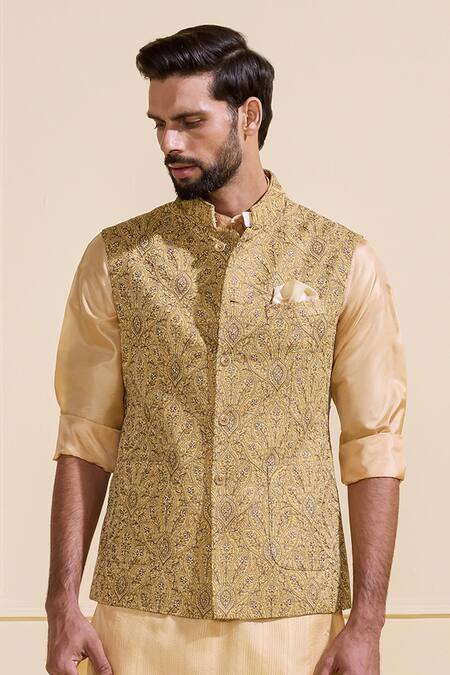Raghavendra Rathore Jodhpur_Yellow Silk Embroidery Festive Nehru Jacket _Online_at_Aza_Fashions