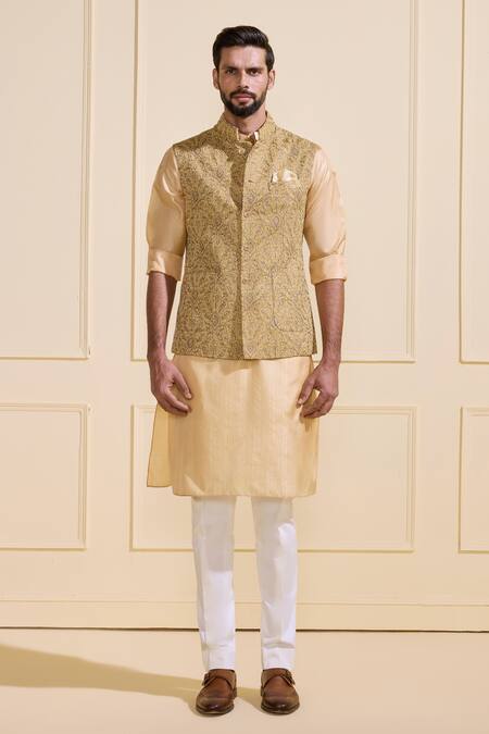 Buy_Raghavendra Rathore Jodhpur_Yellow Silk Embroidery Festive Nehru Jacket _Online_at_Aza_Fashions