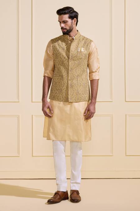 Shop_Raghavendra Rathore Jodhpur_Yellow Silk Embroidery Festive Nehru Jacket _Online_at_Aza_Fashions