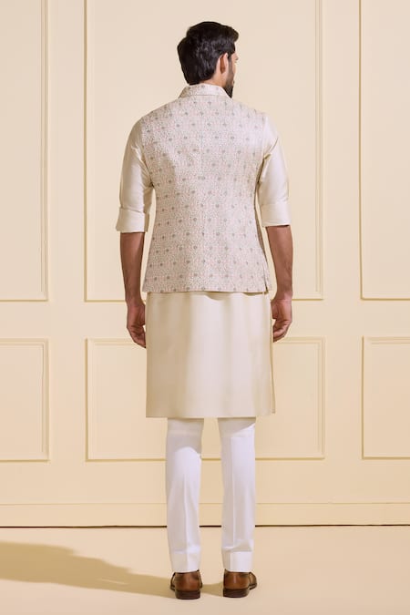 Shop Raghavendra Rathore Jodhpur Off White Silk Embroidery Floral Print Nehru Jacket at Aza Fashions Shop_Raghavendra Rathore Jodhpur_Off White Silk Embroidery Floral Print Nehru Jacket _at_Aza_Fashions