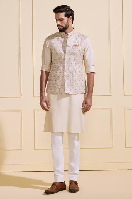 Raghavendra Rathore Jodhpur Off White Silk Embroidery Floral Print Nehru Jacket Online at Aza Fashions Raghavendra Rathore Jodhpur_Off White Silk Embroidery Floral Print Nehru Jacket _Online_at_Aza_Fashions