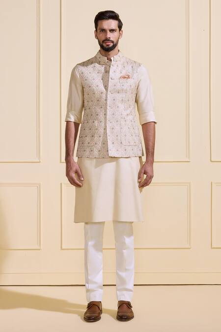 Buy Raghavendra Rathore Jodhpur Off White Silk Embroidery Floral Print Nehru Jacket Online at Aza Fashions Buy_Raghavendra Rathore Jodhpur_Off White Silk Embroidery Floral Print Nehru Jacket _Online_at_Aza_Fashions