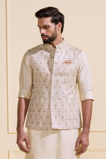 Shop Raghavendra Rathore Jodhpur Off White Silk Embroidery Floral Print Nehru Jacket Online at Aza Fashions Shop_Raghavendra Rathore Jodhpur_Off White Silk Embroidery Floral Print Nehru Jacket _Online_at_Aza_Fashions