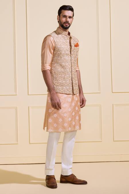 Raghavendra Rathore Jodhpur_Peach Silk Embroidery Gilded Weaves Nehru Jacket Set _Online_at_Aza_Fashions
