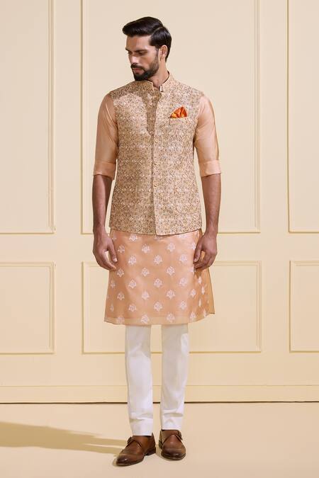 Buy_Raghavendra Rathore Jodhpur_Peach Silk Embroidery Gilded Weaves Nehru Jacket Set _Online_at_Aza_Fashions
