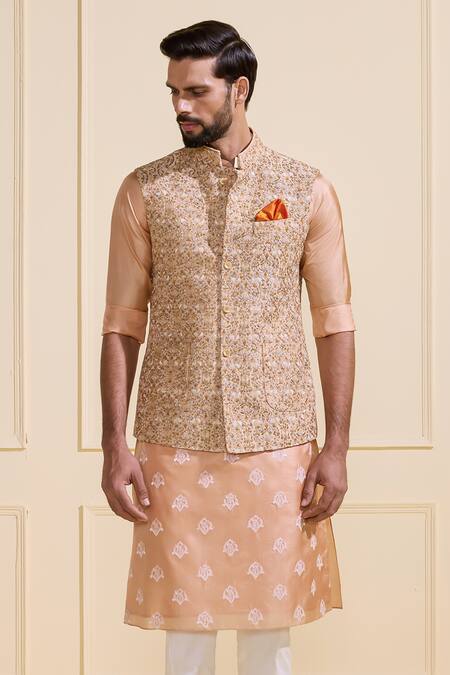 Shop_Raghavendra Rathore Jodhpur_Peach Silk Embroidery Gilded Weaves Nehru Jacket Set _Online_at_Aza_Fashions