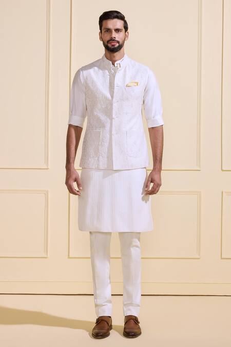 Raghavendra Rathore Jodhpur White Silk Luminous Pearls Nehru Jacket Online at Aza Fashions Raghavendra Rathore Jodhpur_White Silk Luminous Pearls Nehru Jacket _Online_at_Aza_Fashions