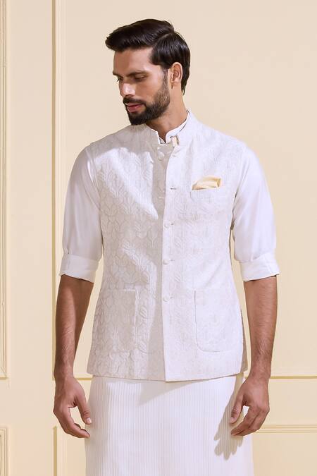 Shop Raghavendra Rathore Jodhpur White Silk Luminous Pearls Nehru Jacket Online at Aza Fashions Shop_Raghavendra Rathore Jodhpur_White Silk Luminous Pearls Nehru Jacket _Online_at_Aza_Fashions