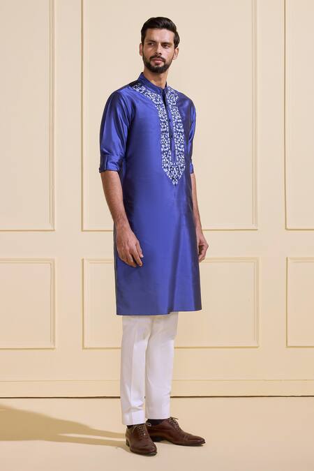 Raghavendra Rathore Jodhpur Blue Silk Embroidery Floral Print Kurta Online at Aza Fashions Raghavendra Rathore Jodhpur_Blue Silk Embroidery Floral Print Kurta _Online_at_Aza_Fashions