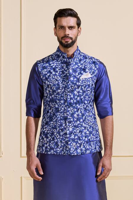 Shop Raghavendra Rathore Jodhpur Blue Silk Embroidery Azure Bloom Floral Nehru Jacket Online at Aza Fashions Shop_Raghavendra Rathore Jodhpur_Blue Silk Embroidery Azure Bloom Floral Nehru Jacket _Online_at_Aza_Fashions