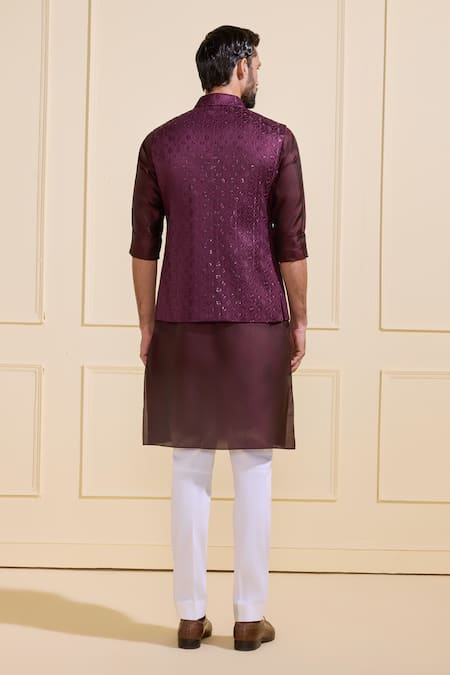 Shop Raghavendra Rathore Jodhpur Wine Silk Dusky Finesse Nehru Jacket at Aza Fashions Shop_Raghavendra Rathore Jodhpur_Wine Silk Dusky Finesse Nehru Jacket _at_Aza_Fashions