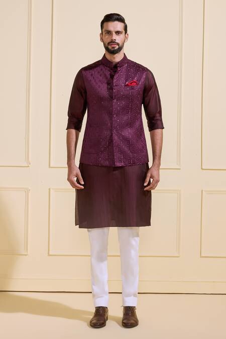 Raghavendra Rathore Jodhpur Wine Silk Dusky Finesse Nehru Jacket Online at Aza Fashions Raghavendra Rathore Jodhpur_Wine Silk Dusky Finesse Nehru Jacket _Online_at_Aza_Fashions