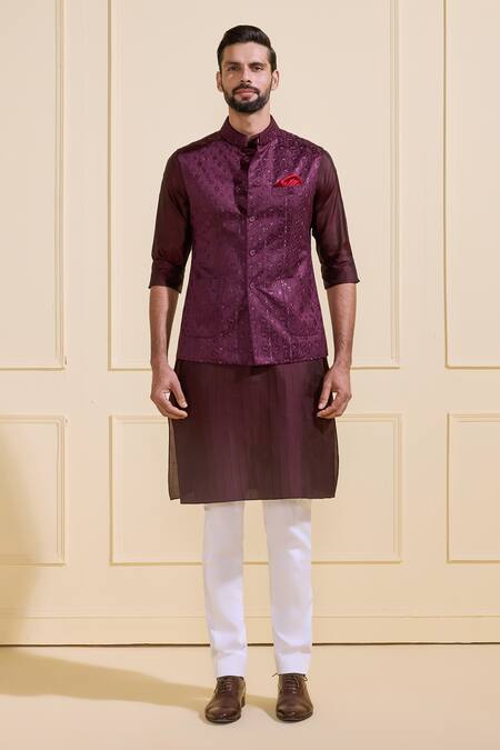 Buy Raghavendra Rathore Jodhpur Wine Silk Dusky Finesse Nehru Jacket Online at Aza Fashions Buy_Raghavendra Rathore Jodhpur_Wine Silk Dusky Finesse Nehru Jacket _Online_at_Aza_Fashions