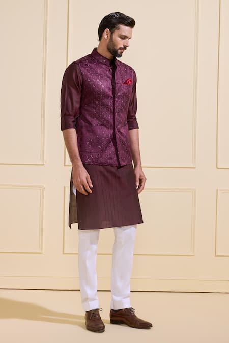 Shop Raghavendra Rathore Jodhpur Wine Silk Dusky Finesse Nehru Jacket Online at Aza Fashions Shop_Raghavendra Rathore Jodhpur_Wine Silk Dusky Finesse Nehru Jacket _Online_at_Aza_Fashions