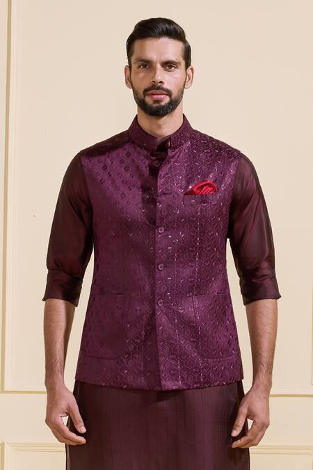 Raghavendra Rathore Jodhpur Wine Silk Dusky Finesse Nehru Jacket at Aza Fashions Raghavendra Rathore Jodhpur_Wine Silk Dusky Finesse Nehru Jacket _at_Aza_Fashions
