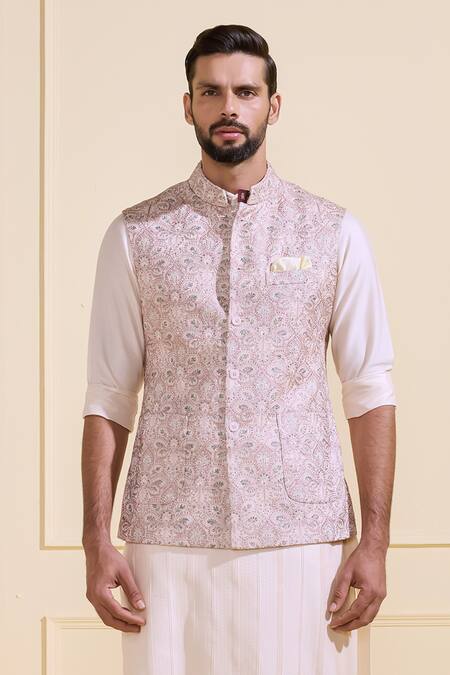 Shop Raghavendra Rathore Jodhpur Pink Silk Embroidery Ivory Blossom Nehru Jacket Online at Aza Fashions Shop_Raghavendra Rathore Jodhpur_Pink Silk Embroidery Ivory Blossom Nehru Jacket _Online_at_Aza_Fashions