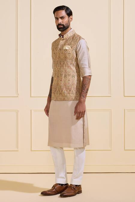 Raghavendra Rathore Jodhpur Beige Brocade Embroidery Patterned Tonal Nehru Jacket Online at Aza Fashions Raghavendra Rathore Jodhpur_Beige Brocade Embroidery Patterned Tonal Nehru Jacket _Online_at_Aza_Fashions