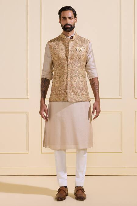 Shop Raghavendra Rathore Jodhpur Beige Brocade Embroidery Patterned Tonal Nehru Jacket Online at Aza Fashions Shop_Raghavendra Rathore Jodhpur_Beige Brocade Embroidery Patterned Tonal Nehru Jacket _Online_at_Aza_Fashions