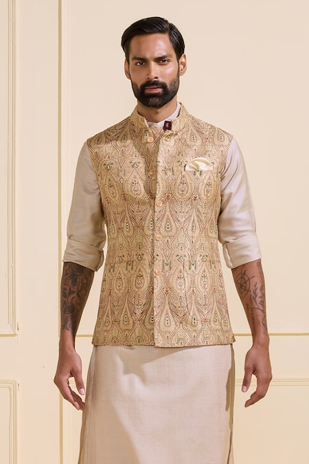 Raghavendra Rathore Jodhpur Beige Brocade Embroidery Patterned Tonal Nehru Jacket at Aza Fashions Raghavendra Rathore Jodhpur_Beige Brocade Embroidery Patterned Tonal Nehru Jacket _at_Aza_Fashions