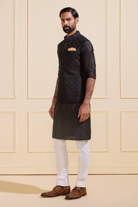 Raghavendra Rathore Jodhpur Black Silk Textured Nehru Jacket Online at Aza Fashions Raghavendra Rathore Jodhpur_Black Silk Textured Nehru Jacket _Online_at_Aza_Fashions
