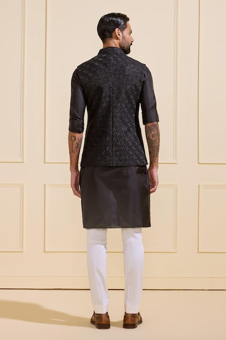 Shop Raghavendra Rathore Jodhpur Black Silk Textured Nehru Jacket at Aza Fashions Shop_Raghavendra Rathore Jodhpur_Black Silk Textured Nehru Jacket _at_Aza_Fashions