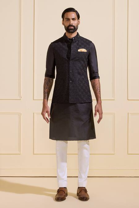 Shop Raghavendra Rathore Jodhpur Black Silk Textured Nehru Jacket Online at Aza Fashions Shop_Raghavendra Rathore Jodhpur_Black Silk Textured Nehru Jacket _Online_at_Aza_Fashions