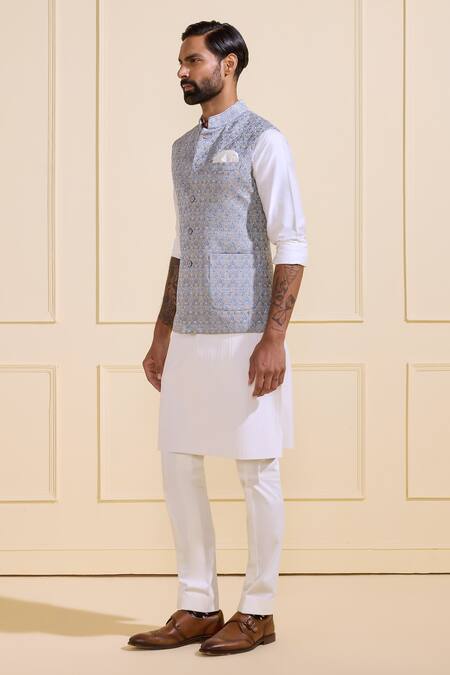 Raghavendra Rathore Jodhpur_Sky Blue Brocade Textured Nehru Jacket _Online_at_Aza_Fashions