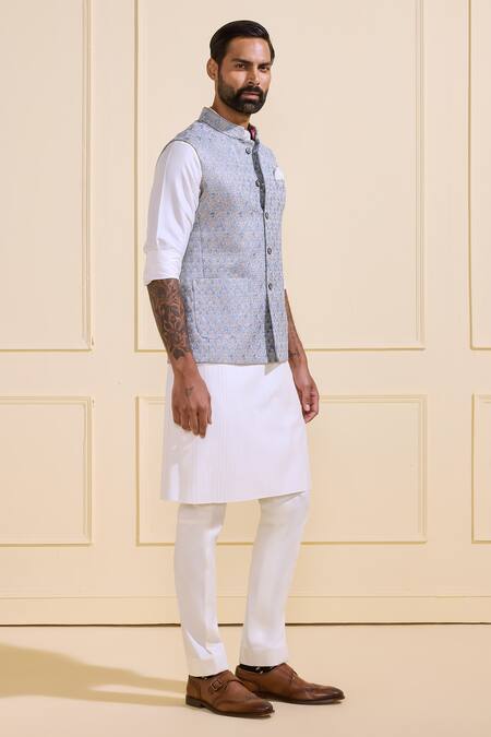 Shop_Raghavendra Rathore Jodhpur_Sky Blue Brocade Textured Nehru Jacket _Online_at_Aza_Fashions
