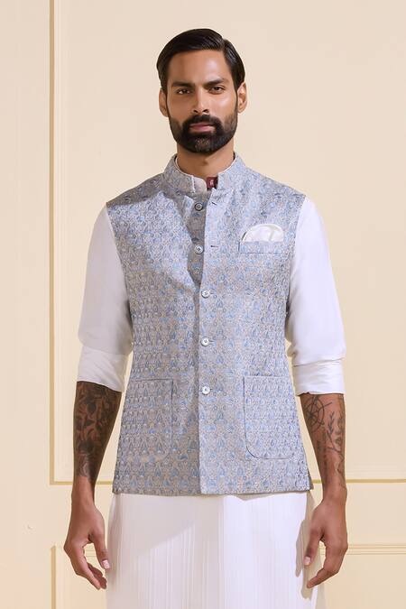 Raghavendra Rathore Jodhpur_Sky Blue Brocade Textured Nehru Jacket _at_Aza_Fashions