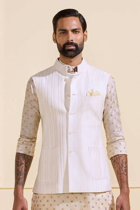Buy Raghavendra Rathore Jodhpur Off White Silk Classic Refined Nehru Jacket Set Buy_Raghavendra Rathore Jodhpur_Off White Silk Classic Refined Nehru Jacket Set