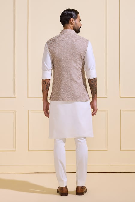 Shop Raghavendra Rathore Jodhpur Beige Silk Embroidery Ornate Simplicity Nehru Jacket at Aza Fashions Shop_Raghavendra Rathore Jodhpur_Beige Silk Embroidery Ornate Simplicity Nehru Jacket _at_Aza_Fashions