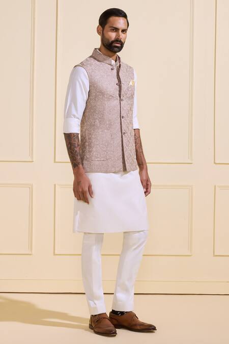 Shop Raghavendra Rathore Jodhpur Beige Silk Embroidery Ornate Simplicity Nehru Jacket Online at Aza Fashions Shop_Raghavendra Rathore Jodhpur_Beige Silk Embroidery Ornate Simplicity Nehru Jacket _Online_at_Aza_Fashions
