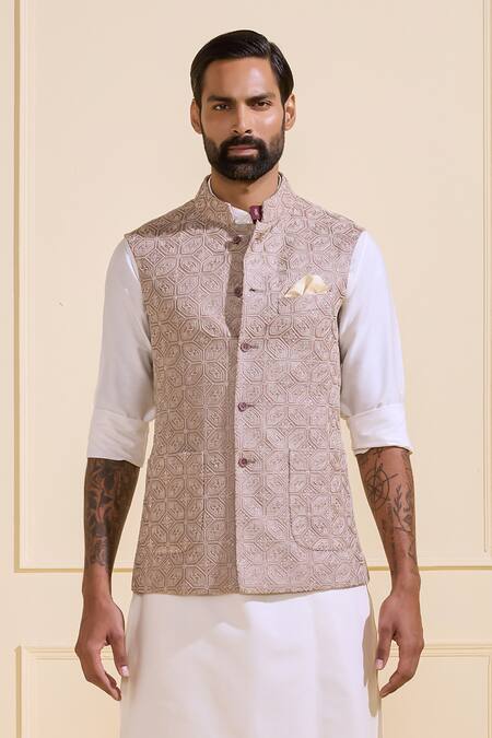 Raghavendra Rathore Jodhpur Beige Silk Embroidery Ornate Simplicity Nehru Jacket at Aza Fashions Raghavendra Rathore Jodhpur_Beige Silk Embroidery Ornate Simplicity Nehru Jacket _at_Aza_Fashions