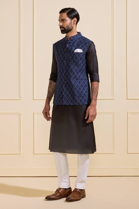 Raghavendra Rathore Jodhpur Navy Silk Diamond Nightfall Blue Nehru Jacket Online at Aza Fashions Raghavendra Rathore Jodhpur_Navy Silk Diamond Nightfall Blue Nehru Jacket _Online_at_Aza_Fashions