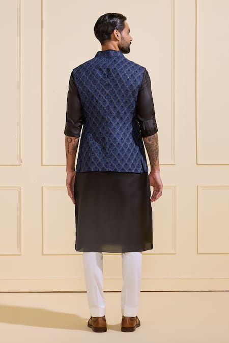 Shop Raghavendra Rathore Jodhpur Navy Silk Diamond Nightfall Blue Nehru Jacket at Aza Fashions Shop_Raghavendra Rathore Jodhpur_Navy Silk Diamond Nightfall Blue Nehru Jacket _at_Aza_Fashions