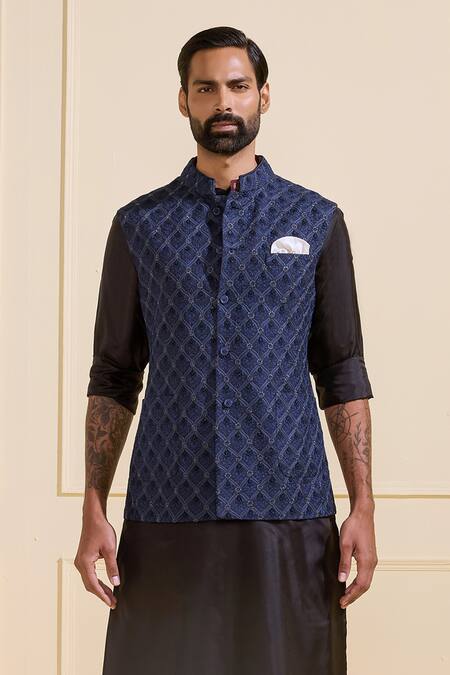 Raghavendra Rathore Jodhpur Navy Silk Diamond Nightfall Blue Nehru Jacket at Aza Fashions Raghavendra Rathore Jodhpur_Navy Silk Diamond Nightfall Blue Nehru Jacket _at_Aza_Fashions