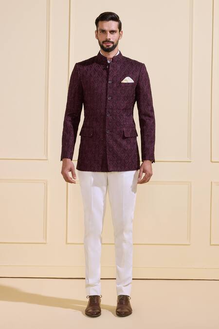 Raghavendra Rathore Jodhpur_Wine Silk Embroidery Regal Maroon Daze Bandhgala _Online_at_Aza_Fashions