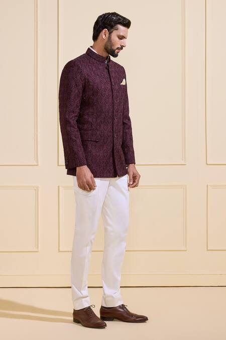 Shop_Raghavendra Rathore Jodhpur_Wine Silk Embroidery Regal Maroon Daze Bandhgala _Online_at_Aza_Fashions