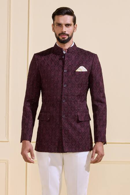 Raghavendra Rathore Jodhpur_Wine Silk Embroidery Regal Maroon Daze Bandhgala _at_Aza_Fashions