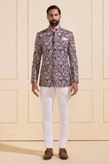 Shop_Raghavendra Rathore Jodhpur_Multi Color Silk Luxe Paisley Bandhgala _Online_at_Aza_Fashions