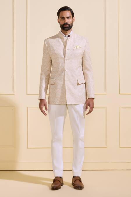 Raghavendra Rathore Jodhpur_Beige Silk Embroidery Ivory Shimmering Bandhgala _Online_at_Aza_Fashions