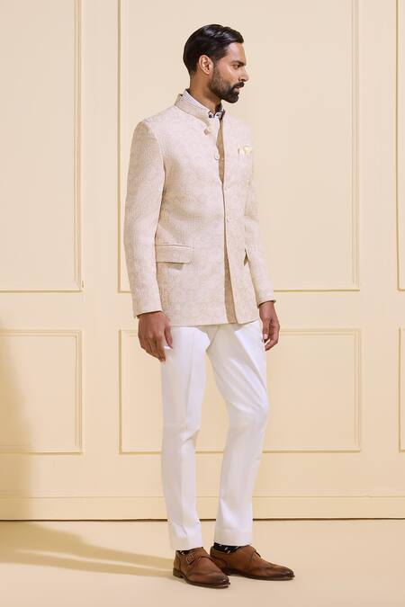 Shop_Raghavendra Rathore Jodhpur_Beige Silk Embroidery Ivory Shimmering Bandhgala _Online_at_Aza_Fashions