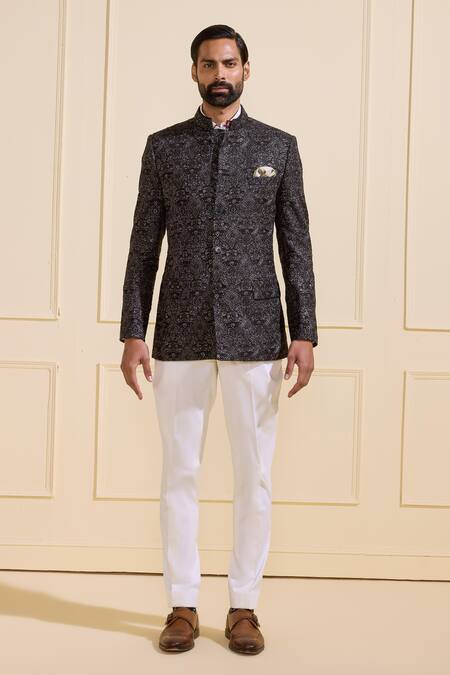 Buy Raghavendra Rathore Jodhpur Black Silk Embroidery Designer Bandhgala Online at Aza Fashions Buy_Raghavendra Rathore Jodhpur_Black Silk Embroidery Designer Bandhgala _Online_at_Aza_Fashions