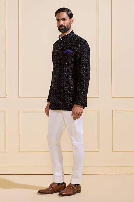 Raghavendra Rathore Jodhpur_Black Silk Designer Velvet Bandhgala _Online_at_Aza_Fashions