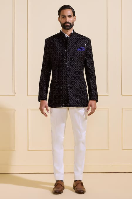 Buy_Raghavendra Rathore Jodhpur_Black Silk Designer Velvet Bandhgala _Online_at_Aza_Fashions