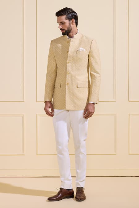 Raghavendra Rathore Jodhpur_Beige Silk Bandhgala Jacket _Online_at_Aza_Fashions