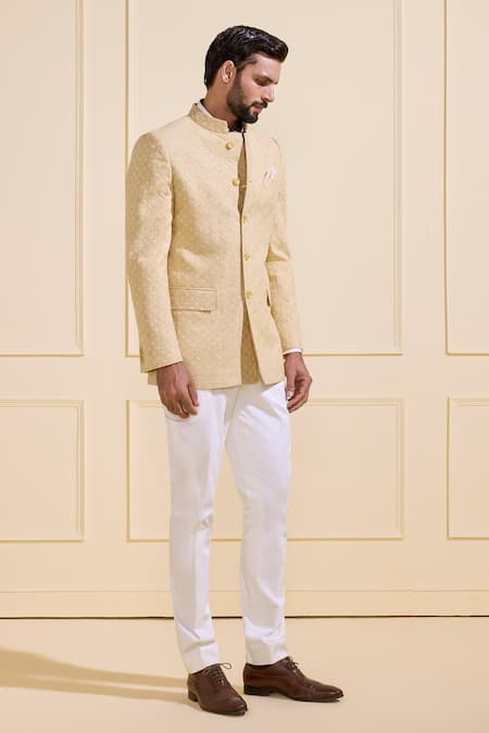 Buy_Raghavendra Rathore Jodhpur_Beige Silk Bandhgala Jacket _Online_at_Aza_Fashions