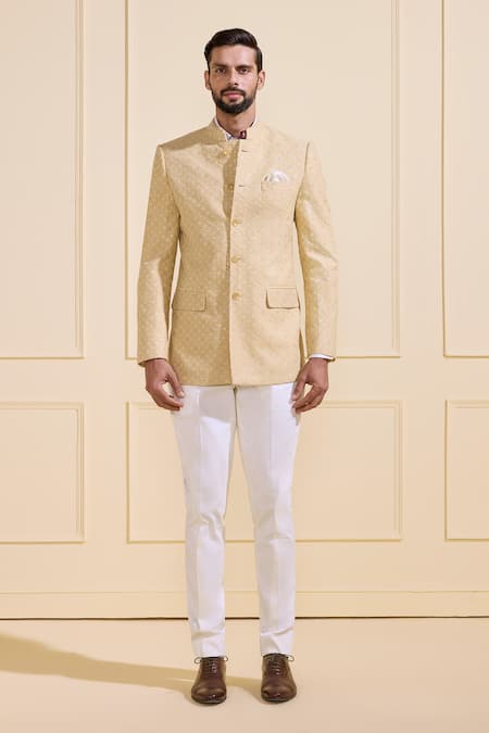 Shop_Raghavendra Rathore Jodhpur_Beige Silk Bandhgala Jacket _Online_at_Aza_Fashions